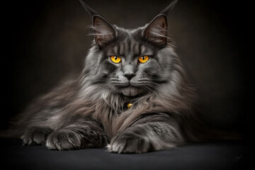 Black cat with yellow eyes, on black background
