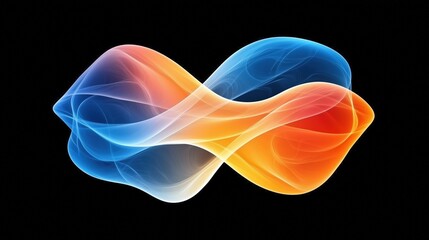 A vibrant abstract design featuring flowing waves of blue and orange, intertwined in a dynamic, infinite shape against a black backdrop.