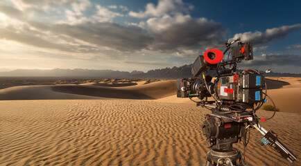 Video camera during shooting in the desert. Movie camera filming a scene. Cinema banner with copy space © OneClic