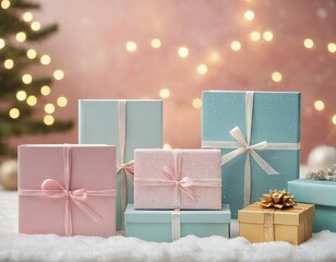 A festive arrangement of pastel-colored gift boxes with delicate bows against a soft, sparkling...