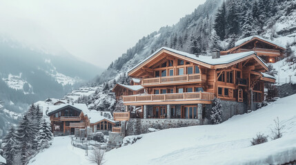 Fototapeta premium Luxury Alpine Chalet in a Snowy Mountain Landscape