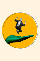 Vertical photo collage of excited crazy man jump trampoline human hand palm success aim energy isolated on painted background