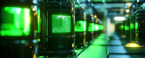 Biofuel tanks with holographic labels, neon green glow, high detail, modern environmental theme