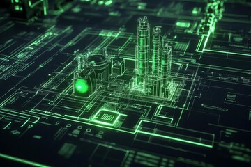 Digital blueprint of advanced refinery, glowing green holograms, industrial and sleek design