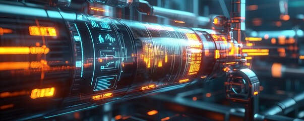 Digital interface showing fuel processing metrics, vibrant holographic display, scifi inspired design