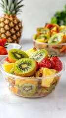 A vibrant fruit salad featuring kiwi, strawberries, and pineapple in a clear container.