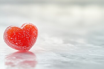 Fototapeta premium Heart-Shaped Red Candy with Sugar Coating for Valentine's Day, Close-up of a red, heart-shaped candy with a sugar coating, symbolizing sweetness and love for Valentine's Day.