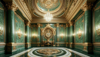 Obraz premium Green marble slab in a luxurious interior with decorative elements, gilding and stylish furniture.