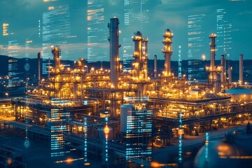 Oil and gas refinery in twilight, glowing machinery, digital data overlays, dramatic and industrial