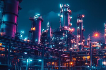 Robotic refinery maintenance, vibrant neon lights, dark industrial setting, hightech scifi theme