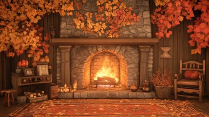 Warm fireplace with fall decorations, representing the cozy comfort of a November evening