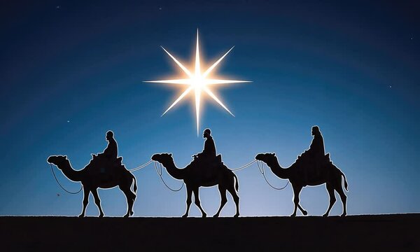 Travelling under the brilliant night sky, three figures journey on camels towards a guiding star in a serene desert landscape