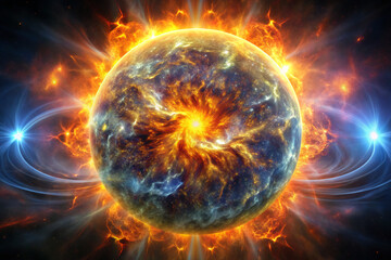 Obraz premium planet in fire. light, plasma, ball, space, fire, energy, star, illustration, color, pattern, fractal, design, motion, explosion, sphere, wallpaper, shine, art, sun, black, blue, glow, technology, wav