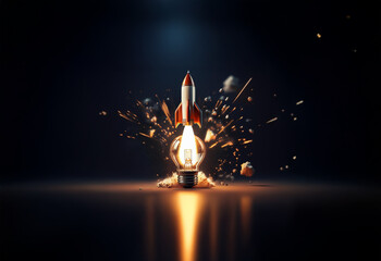 A rocket ship takes off from a light bulb that is shattering into pieces.