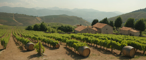 Rolling vineyards with rows of grapevines stretching toward distant hills. The scene includes a traditional Albanian wine cellar with rustic barrels and stone walls.