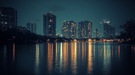 Fototapeta premium Cityscape at Night with Reflective Water