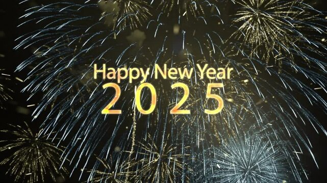 New year 2025 greeting with fireworks Happy New year 2025 animated. Fireworks shiny on background. Animated text that says Happy New Year 2025. 3D Illustration. 3D Illustration.