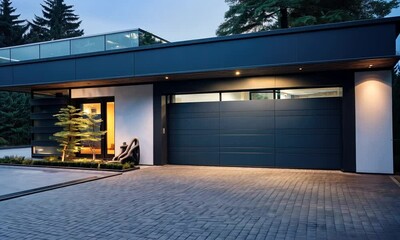 Modern home exterior showcases sleek garage door and landscaped entrance during twilight in a serene neighborhood setting