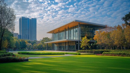 Obraz premium Modern Glass Building in Tranquil Park