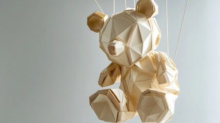 A unique geometric teddy bear is suspended from above. Made of light wood, the bear features smooth, angular shapes. It serves as a playful decor piece for modern spaces. AI