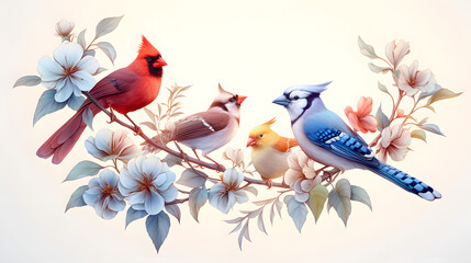Colorful birds on delicate branches, showcasing vibrant feathers.