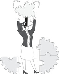 While the Businesswoman head opens, a hand pops out and shows an important jigsaw piece