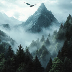Misty Mountain and Flying Dragon in Fantasy Landscape - Dungeons & Dragons Style

