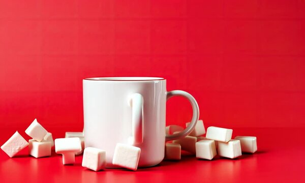 A cozy cup on a vibrant red backdrop with sugar cubes waiting to sweeten the moment
