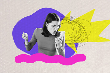 Composite creative art collage of angry girl operator scream receiver problem crumpled paper work burnout isolated on painted background