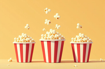 A set of different buckets of popcorn, popcorn flies up