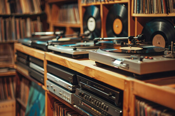 Fototapeta premium Person look vinyl records in retro music store, surrounded by various music genres classic CDs tapes vintage musical instruments, Generative AI