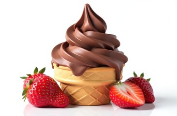strawberry choco icecream in cone on white background