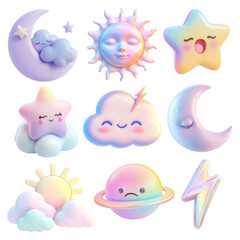 Fototapeta premium PNG 3D iridescent celestial dream design element set, transparent background