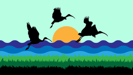 World Wildlife Day with silhouette of Ibis bird flying over grass and sea, sea vector flat background, Wild nature backgrounds