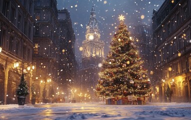 Central Plaza with Christmas Tree â€“ A grand central plaza adorned with a giant Christmas tree and festive decorations, perfect for urban holiday mockups 