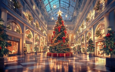 Obraz premium Central Plaza with Christmas Tree â€“ A grand central plaza adorned with a giant Christmas tree and festive decorations, perfect for urban holiday mockups 