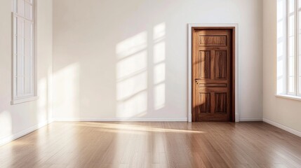 Fototapeta premium Bright empty living room with white wall, wooden door, and wood accents, great for copy space or advertising mockups