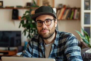 Generative AI Image of a Male Student Engaged in Remote Learning with Laptop at Home Library