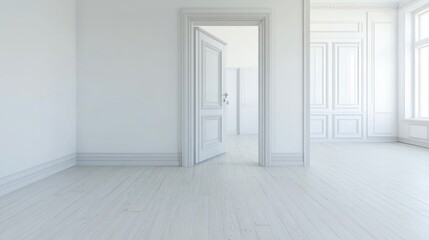 Elegant living room interior with white walls, wooden door, and modern flooring, leaving blank space for text overlay