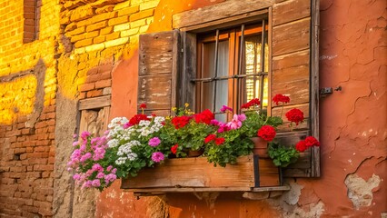 A weathered brick facade adorned with a window framed by aged wooden shutters, blooming with a vibrant mix of pink, white, and red flowers, casting a warm glow against the sun-drenched wall.