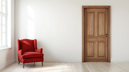 Modern living room with blank white walls, wooden door, and a cozy, serene atmosphere; perfect for adding text or visual elements