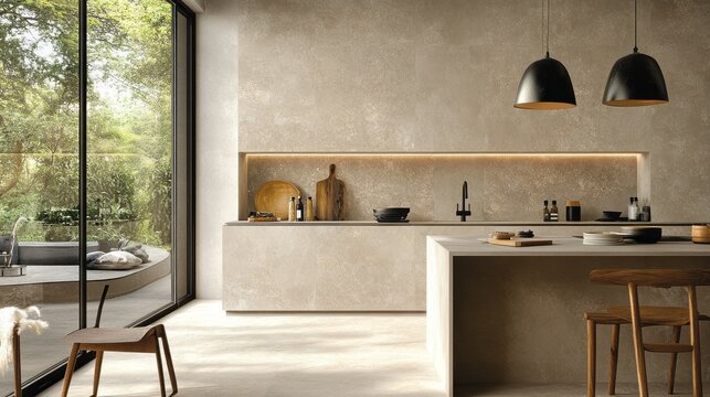 Modern kitchen interior with beige tile walls, wooden furniture, and pendant lights.