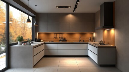 Modern kitchen interior with u-shaped island and autumn scenery outside the window