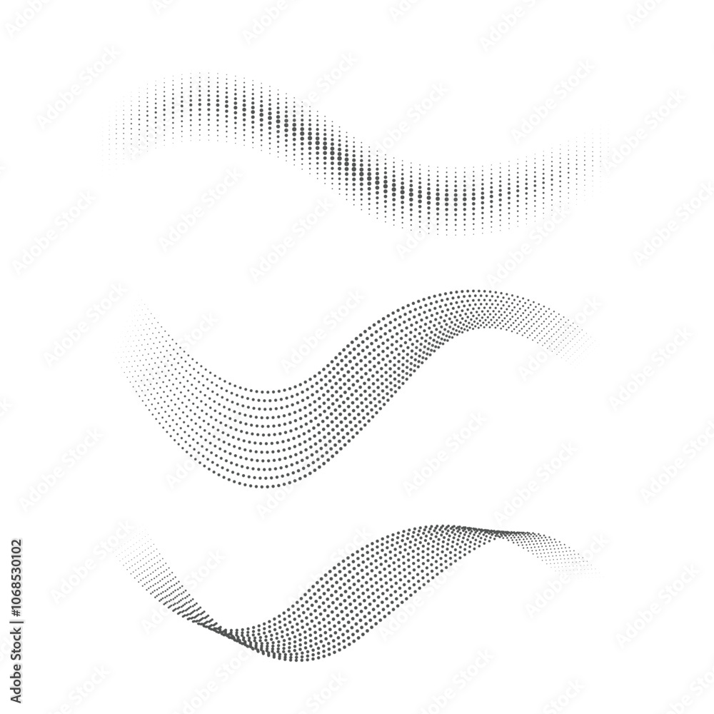 Wall mural set of dotted curved abstract shapes. flowing dots particles wave pattern. dotted halftone waves. ha