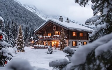 Fototapeta premium Mountain Chalet with Decorated Trees Beautiful chalet framed by snow-dusted pine trees decorated with holiday ornaments, a cozy winter escape scene 