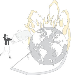 Businesswoman pouring bucket of water to extinguish forest fire on Earth