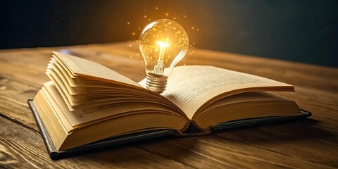 Illuminated Pages A Glowing Light Bulb Resting on an Open Book, a Symbol of Knowledge and Discovery