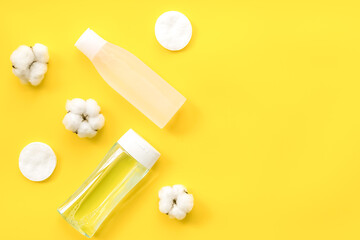 Organic cosmetics for face clearing with cotton pads, facial tonic and mycelial water yellow...