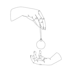 Two hands hold a Christmas ball. Abstract vector line art illustration. Festive design element for winter. Greeting card and minimalist web banner. Doodle vector illustration
