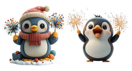 Fototapeta premium Cute Penguin Characters with Sparklers for Celebration